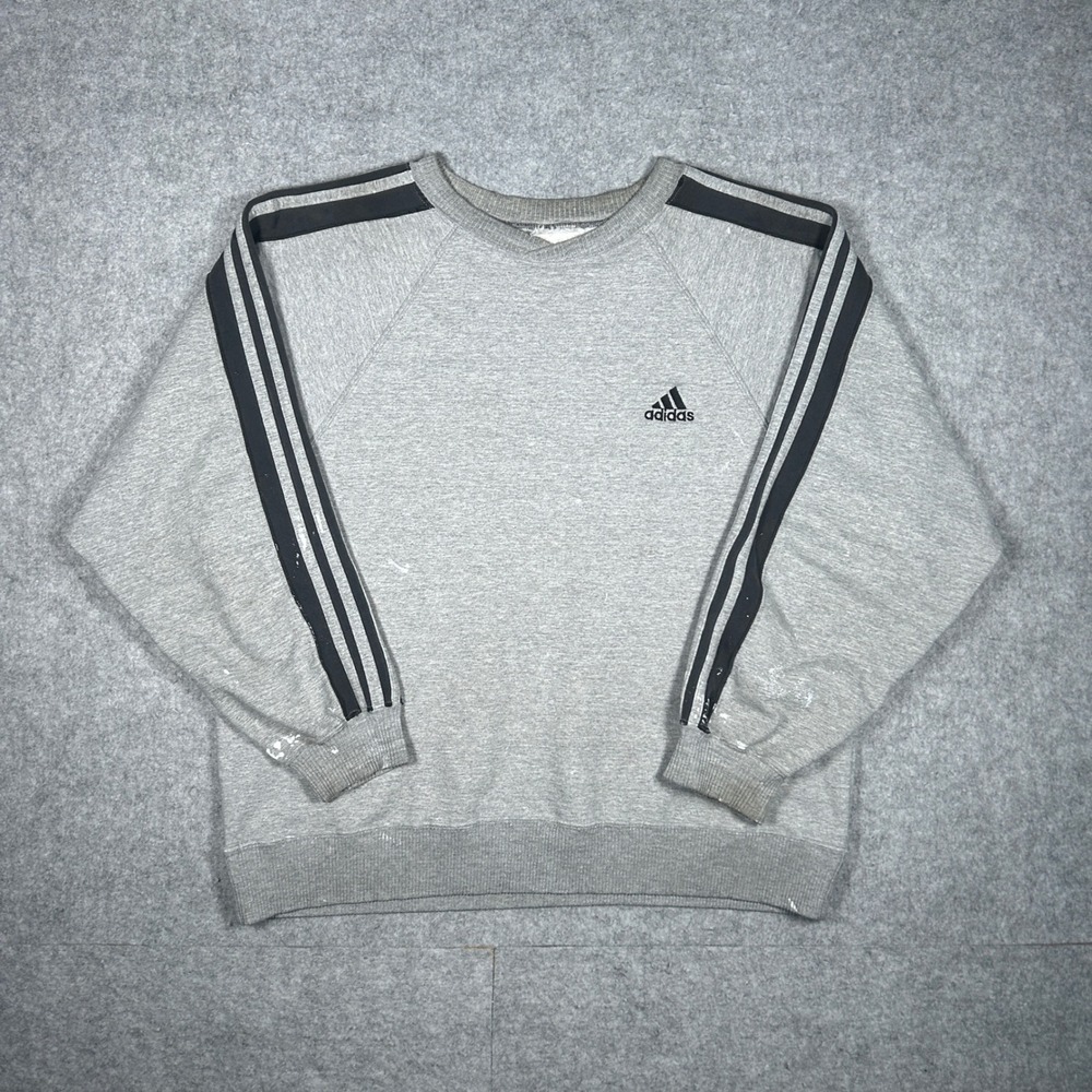 Adidas Sweatshirt Mens Grey 3-Stripe Raglan Sleeve Vintage Pullover Streetwear